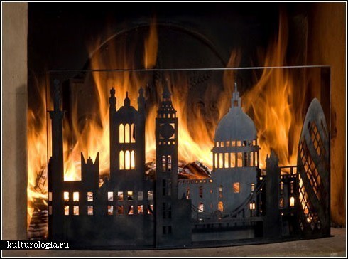 Krata przed kominkiem płonące miasto